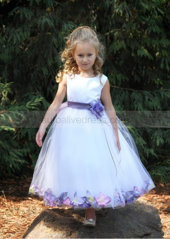 White Satin Tulle Purple Petals Tea Length Flower Girl Dress White Satin Tulle Purple Petals Tea Length Flower Girl Dress